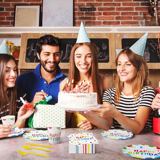 400 Pieces Happy Birthday Party Decorations Including Disposable Paper Plates Cups Napkins Tableware Sets Serves 50 for Birthday Party Supplies