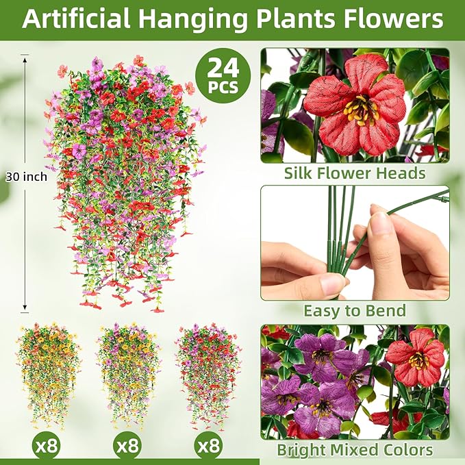 Hoteam 24 Pack Artificial Hanging Flowers Plants for Outdoors 30 Inch UV Resistant Fake Plastic Faux Artificial Plants Bulk for Planter Porch Patio Yard Garden Wedding Wall Indoor