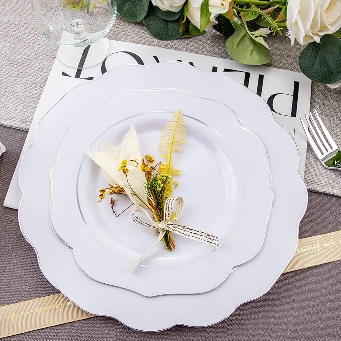 NOCCUR 175pcs Silver Plastic Plates - Christmas Plates - Silver Rim Plastic Tableware Include 25 Dinner Plates, 25 Dessert Plates, 25 Forks, 25 Knives, 25 Spoons for Wedding&Party