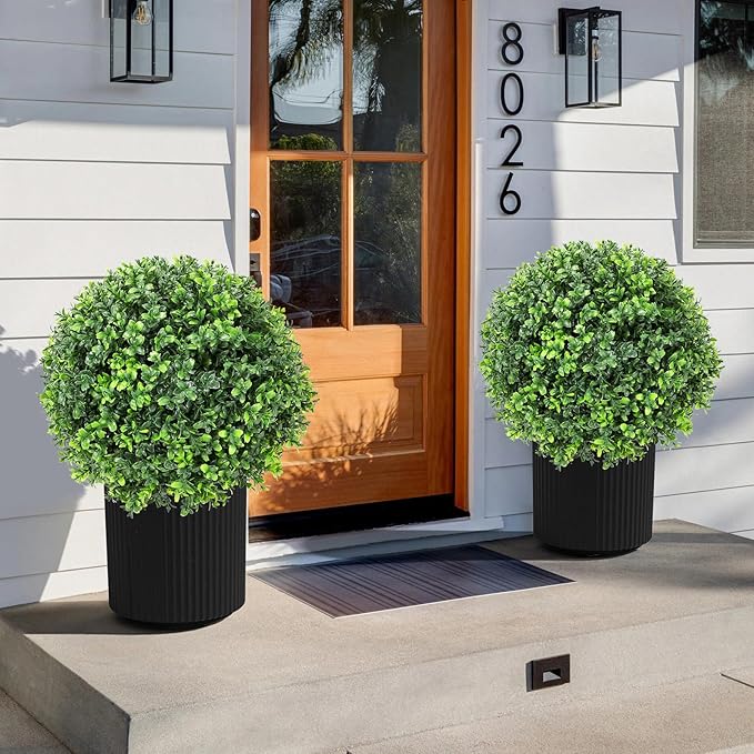 Artificial Boxwood Topiary Ball Tree 24" with Ground Spike, Set of 2 Artificial Boxwood Bushes for Faux Shrubs, Fake Evergreen Faux Plant for Indoor Outdoor Porch Garden- UV Resistant – Fade-Proof