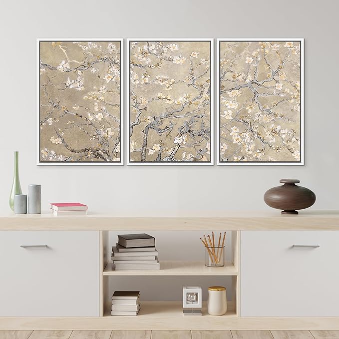 MUDECOR Framed Canvas Print Wall Art Blossoming Branches Vintage Floral Illustrations Realism Decorative for Living Room, Bedroom, Office - 24"x36"x3 White
