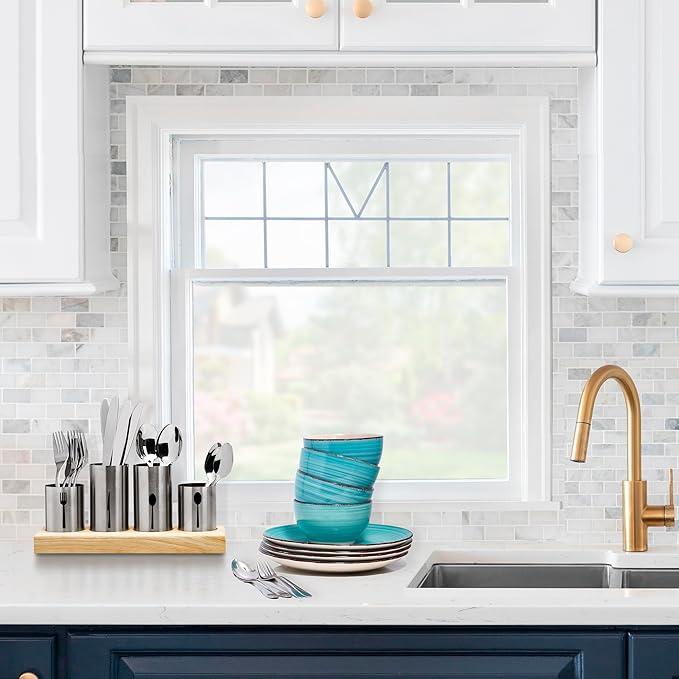 Sorbus Utensil Holder,Upright Silverware Holder with Caddy for Spoons, Knives and Forks, Entertaining,Stainless Steel Cutlery Organizer with Bamboo Wood Base