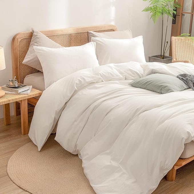 BESTOUCH Duvet Cover Set 100% Washed Cotton Linen Feel Super Soft Comfortable Chic Lightweight 3 PCs Home Bedding Set Solid Off White Oversized Full