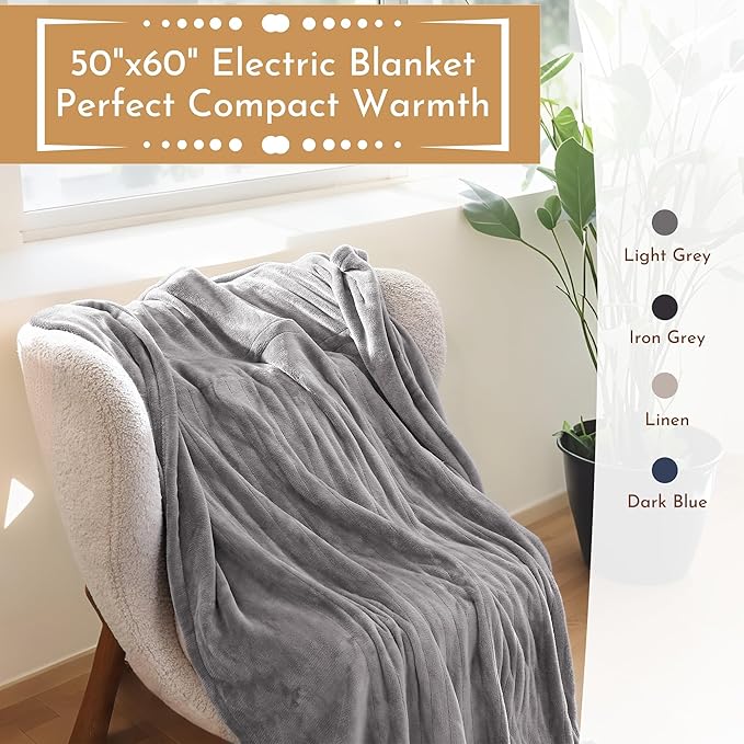 Electric Throw Blanket 50"x60" Throw Size with Cozy Flannel, 5 Heat Settings & 3 Hours Auto Off, Cozy & Warm for All Night, Machine Washable, Light Grey