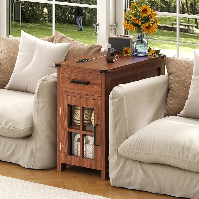 Farmhouse End Table with Charging Station and 1 Storage Cabinet, 1 Drawer, Cherry Wood Nightstand Narrow, Skinny Side Table, Slim Bedside Table, Small Nightstand for Bedroom, Living Room, Sofa