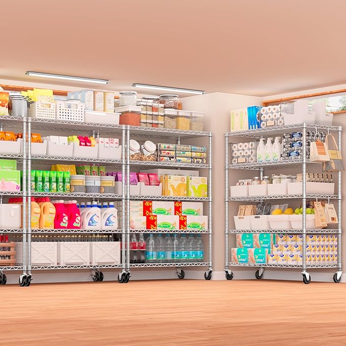 PrimeZone 2 Pack 48" W Wire Shelving Heavy Duty with Wheels,5 Tier Adjustable Garage Storage Shelves Unit,Rolling Metal Organizer Shelf Utility Rack Warehouse,Pantry,Chrome 48" Wx24 Dx81 H