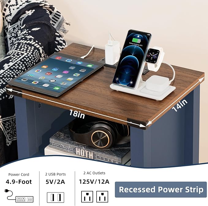 Night Stand with Charging Station and USB Port, 18 Inch Farmhouse Nightstand with Storage Shelf, Rustic Couch End Table with Magnetic Door, Wood Bed Side Tables for Bedroom, Home, Nayv Blue