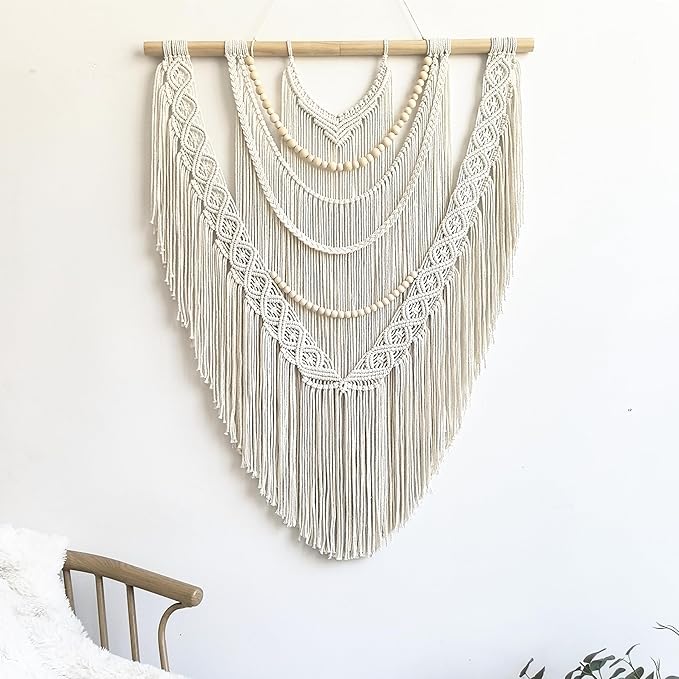 Large Macrame Wall Hanging, 27'' W x 36'' L Boho Art Tapestry Wall Decor for Urban entryway,Living Room,Bedroom Decor, headboard Woven, Big Fiber Art Over Couch (Wood Bead)