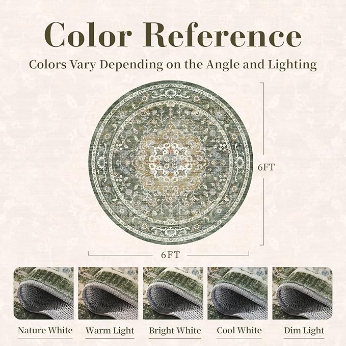 PADOOR-Vintage 6FT Round Rug-Rugs for Living Room-Soft Olive Green Circle Rug-Machine Washable Rugs for Bedroom-Non Slip Carpet-Rug for Dining Room Living Room Bedside Office