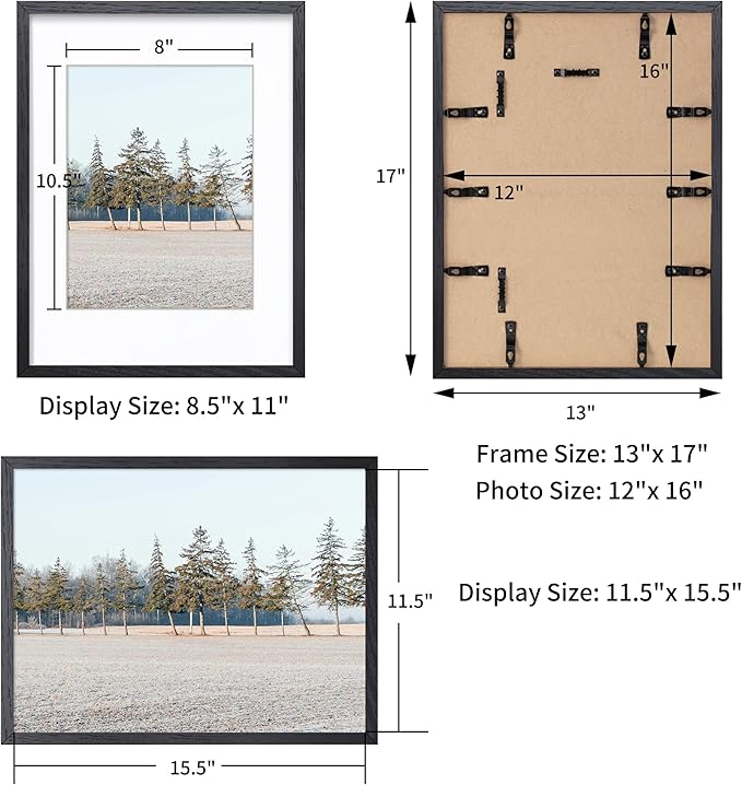 Axeman 12x16 Picture Frame with Mat for 8.5x11, Solid Oak Wood Frame w/Tempered Real Glass, Wooden Certificate Document Frame Horizontal and Vertical Formats for Wall with Wall Hook Included, Black