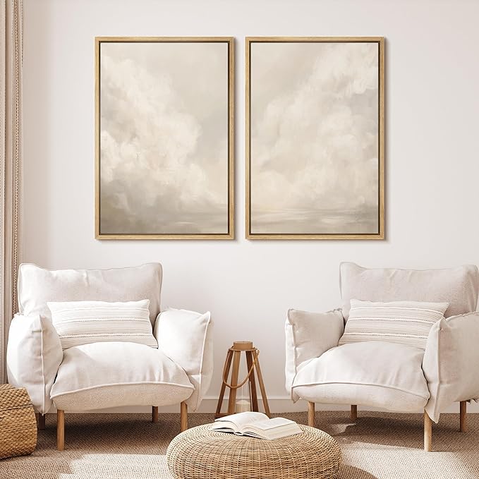 MUDECOR Framed Canvas Print Wall Art Neutral Cloudscape Soft Abstract Sky Illustrations Modern Art Decorative Bohemian Colorful Chic for Living Room, Bedroom, Office - 24"x36"x2 Natural