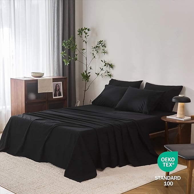 100% Cotton 6-Piece Queen Size 102" x 90" Bedding Set - Fitted Sheet, Flat Sheet & 4 Pillowcases with 17" Deep Pocket,Soft Breathable Bed Sheets for Cozy Sleep,Black
