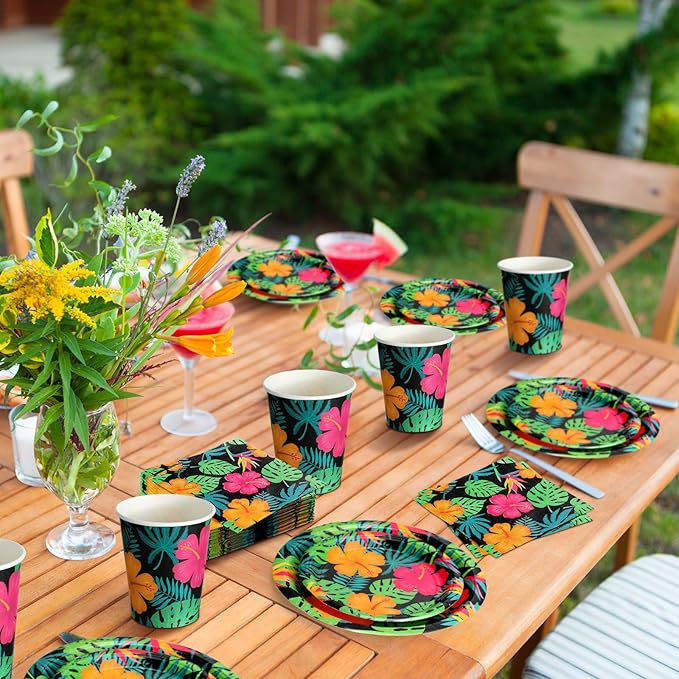 200 Pcs Tropical Nights Hawaiian Aloha Party Supplies Serve 50 Guests Luau Paper Plates Cups Napkins for Summer Beach Tableware Pool Party