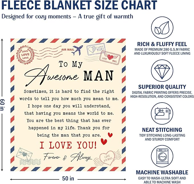 Romantic Gifts for Him Men - to My Awesome Man Soft Fleece Throw Blanket 50x60 in - Father's Day Anniversary Birthday Gifts for Men Couple Husband Boyfriend