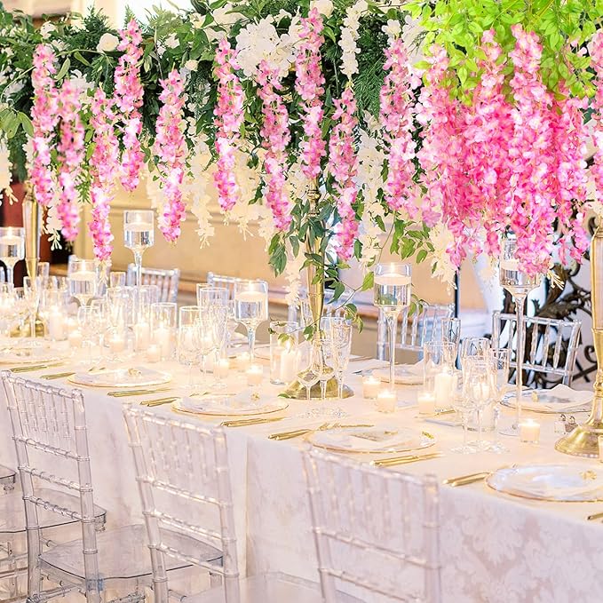 24 Pack Artificial Fake Wisteria Vine Ratta (3.75 Feet) Hanging Garland Silk Flowers String Home Party Wedding Decor (Deep Pink)