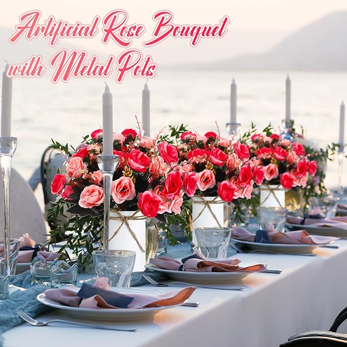 Domensi 6 Sets Wedding Centerpiece for Table Artificial Rose with Vase Fake Bouquets and Metal Pot Floral Arrangements for Holiday Party Event Table Decor (Rose Red)