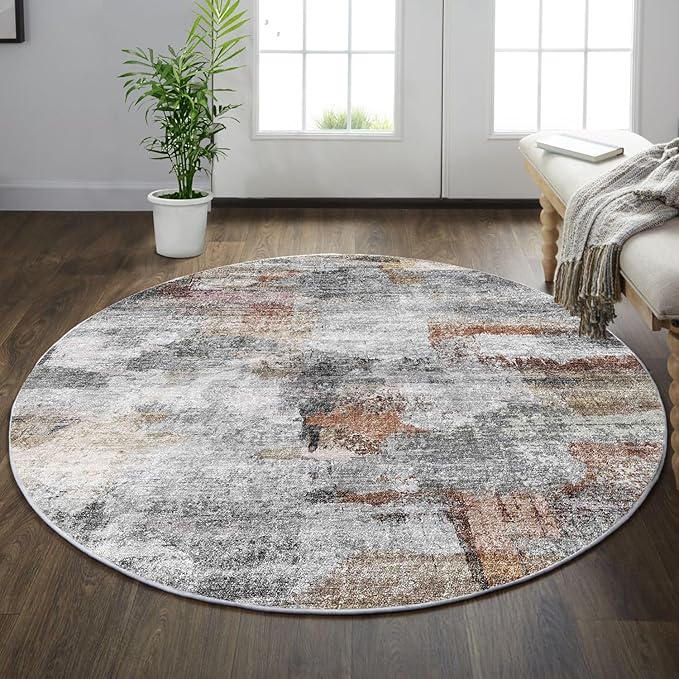 vivorug Round Rug 4ft Abstract Round Area Rug Non-Slip Indoor Carpet for Living Room Bedroom Entryway, Stain Resistant Home Decor Circle Rug, Grey/Rust