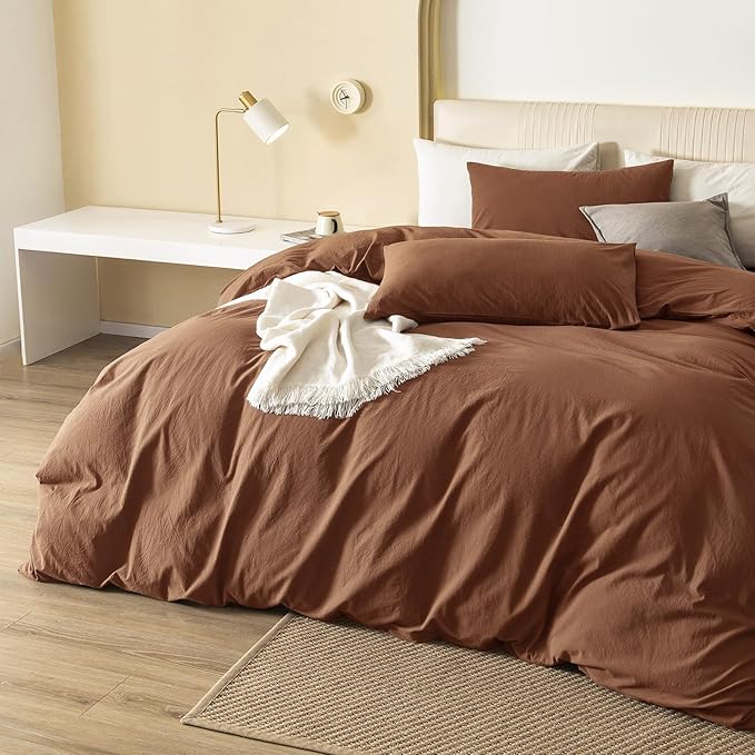JIYUAN 100% Washed Cotton Duvet Cover Set 2 Pieces Twin, 1 Duvet Cover 68x90 Inches(Comforter Not Included) and 1 Pillowcases,Linen Feel Bedding Set Comfy and Breathable,Burnt Orange