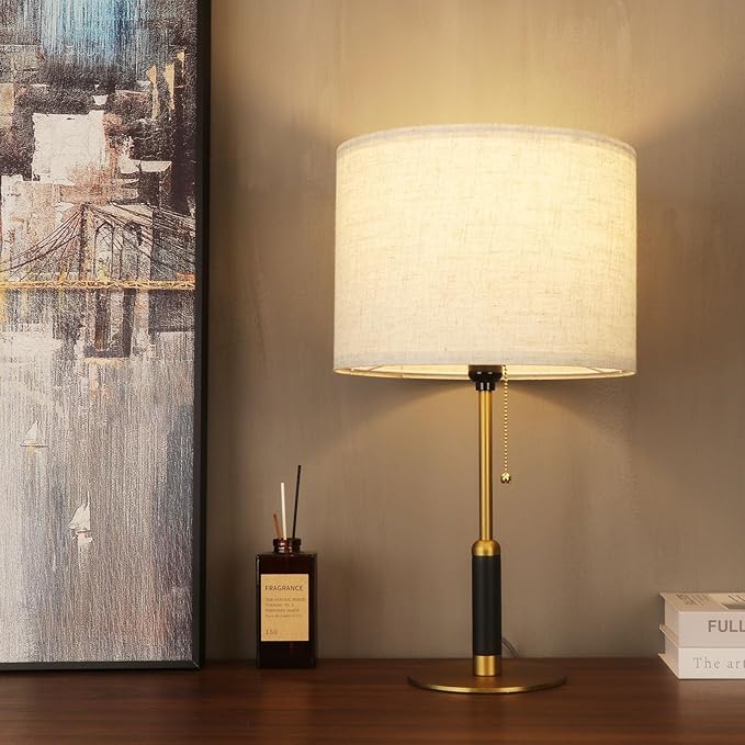 21" Modern Table Lamp Bedside Lamps for Bedroom Living Room Nightstand Lamp for End Tables 3-Color Temperatures Pull Chain Switch Wood Fabric for Home Office Desk Decor (Light Brown+Brass)
