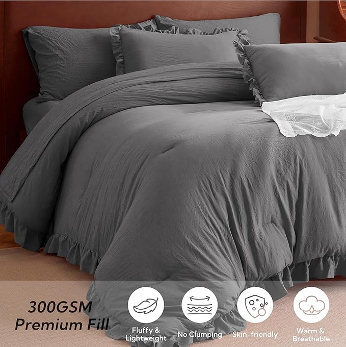 MR&HM Ruffle Comforter Set Dark Grey, Twin Comforter Sets for College Dorm,Boho Bed in a Bag Set 5 Pieces with 1 Comforter,1 Flat Sheet, 1 Fitted Sheet,1 Pillowcases & 1 Pillow Shams for All Seasons