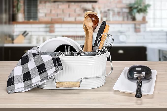 Alpha Living Home Rustic Heavy Duty Alloy Multi-Compartment Caddy - Metal Utensil Caddy Versatile All-in-One Organizer for Kitchen, Bathroom & Office Utensils, Flatware, and Accessories (White)
