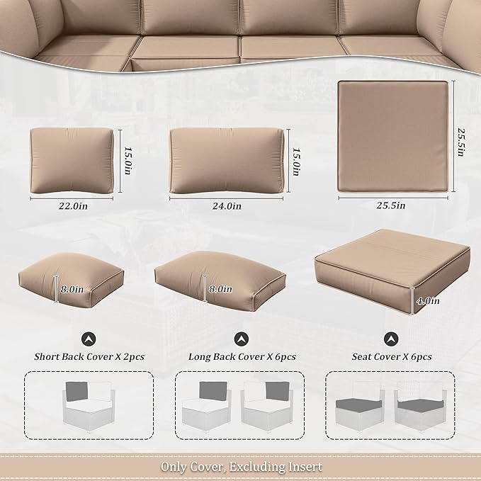 14 Pcs Outdoor Cushion Slipcovers Outdoor Patio Cushion Covers Replacement Waterproof with Zipper for Outdoor Furniture, Patio Sofa Couch 3 Sizes, Covers Only