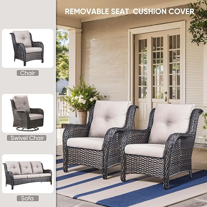 7-Piece Outdoor Patio Cushion Set - Fade & Water Resistant with Removable Olefin Cover, 22x24x4 Inch Memory Foam Cushions for Wicker Sectional Sofa – Beige/Buckle