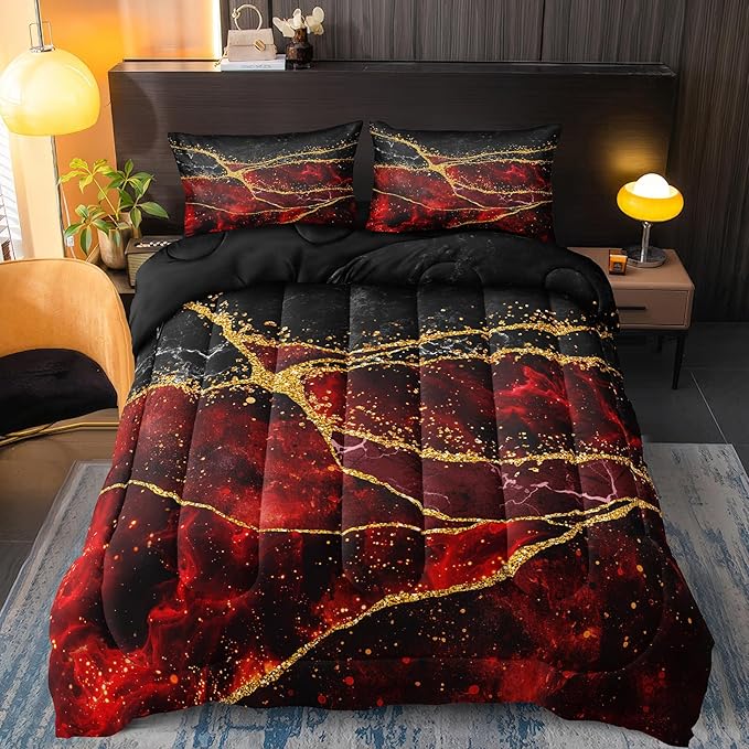 Red Black Comforter Set Black Gold Marble Bedding Set King Size Burgundy Dark Red Gothic Hippie Comforter Watercolor Retro Bedding Comforter
