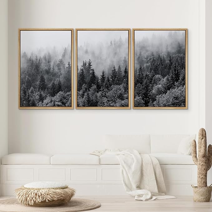 SIGNWIN Framed Canvas Print Wall Art Set Black & White Misty Mountain Forest Nature Wilderness Photography Modern Art Chic Landscape Relax/Calm for Living Room, Bedroom, Office - 16"x24"x3 Natural