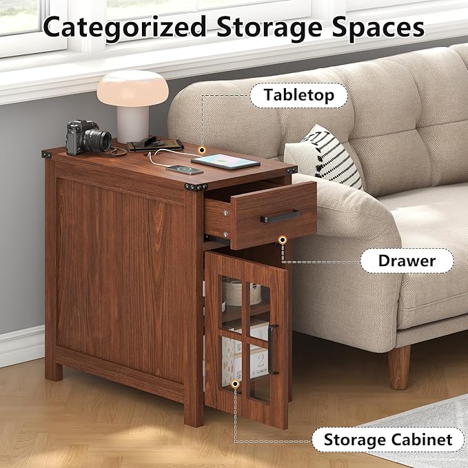Farmhouse End Table with Charging Station and 1 Storage Cabinet, 1 Drawer, Cherry Wood Nightstand Narrow, Skinny Side Table, Slim Bedside Table, Small Nightstand for Bedroom, Living Room, Sofa
