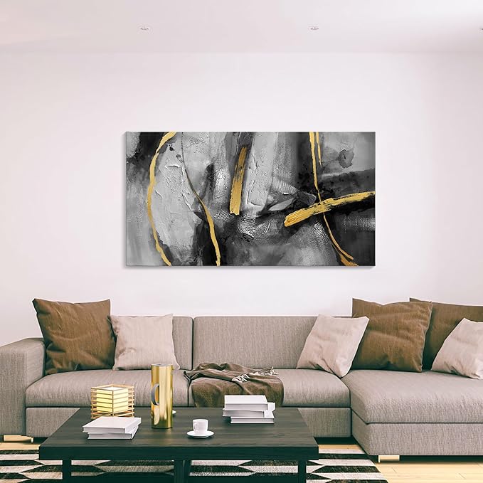 Abstract Large Canvas Wall Art for Living Room,Golden Line Rhythm Canvas Prints Hand-Painted Bedroom Wall Decor Black Gray Artwork for Home Cafe Kitchen Restaurant Decor 20x40 In