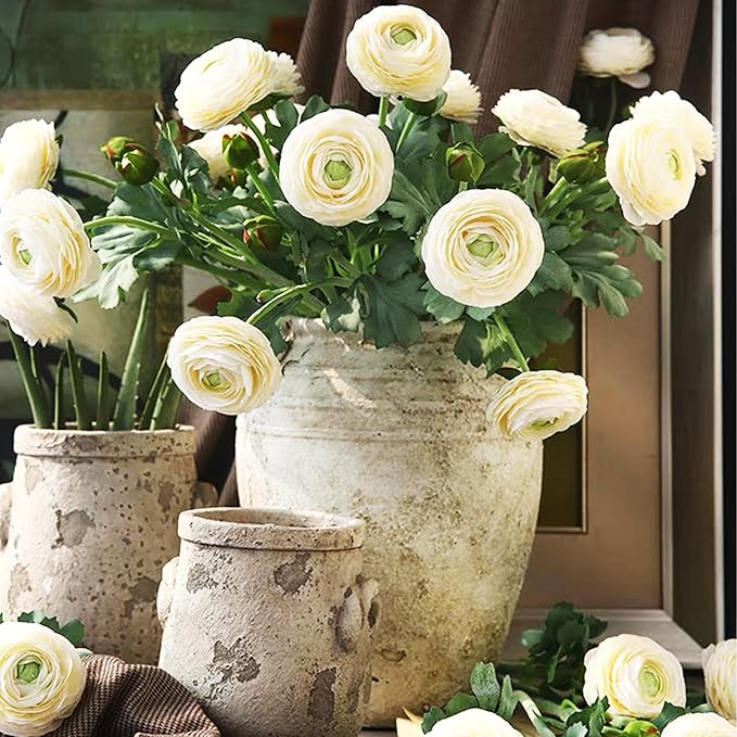 10PCS Artificial Ranunculus Flowers with Real Touch Stem Silk Ranunculus Blooming Flowers Faux Leave for Home Decor Bouquet Ivory Artificial Mums