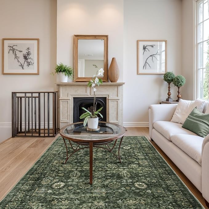 Morebes Washable Green 5x7 Area Rugs, Vintage Soft Bedroom Rug Non Slip, Non-Shedding Distressed Indoor Floor Throw Carpet for Bathroom Kitchen Living Dining Room Playroom Farmhouse