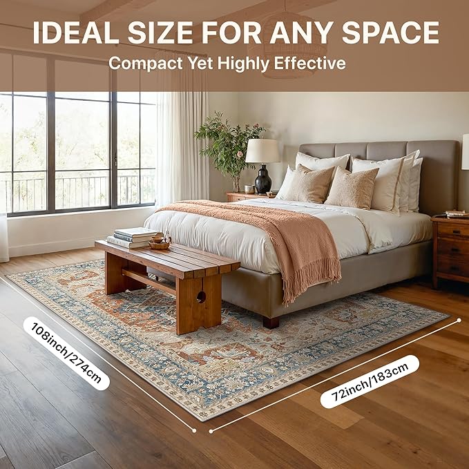 GENIMO 6X9 Area Rugs for Living Room, Machine Washable Vintage Floor Cover Foldable Modern Non Slip Rug, Low Pile Soft Indoor Carpet Floral Print Mat Rug,Bedroom/Dining Room/Home Office,Terracotta