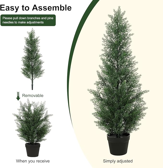 3FT Artificial Cedar Tree - Realistic Faux Cedar Trees for Outdoor Planters - Fake Cypress Trees for Front Porch - Faux Evergreen Plants for Home Porch Decor - Set of 2