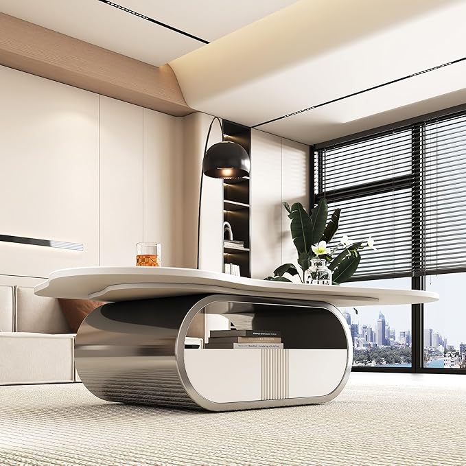 41.7" Marble Coffee Table with Storage Shelf & Drawer, Modern White Silver Coffee Tables for Living Room,Sturdy Stainless Steel Base, Sintered Stone Tabletop, Irregular Tea Cocktail Center Table