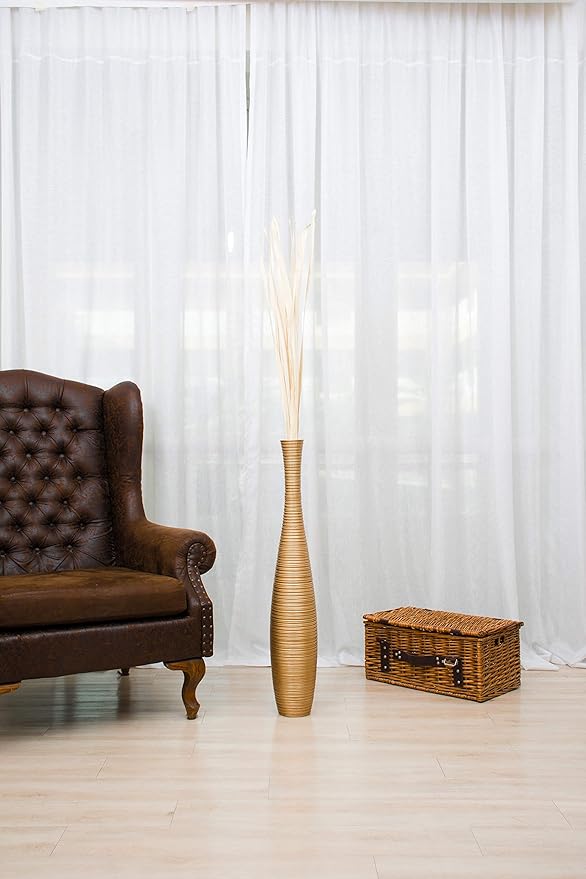 Leewadee Large Gold Home Decor Floor Vase – Wooden 34 inches Tall Farmhouse Decor Flower Holder for Fake Plant and Pampas Grass