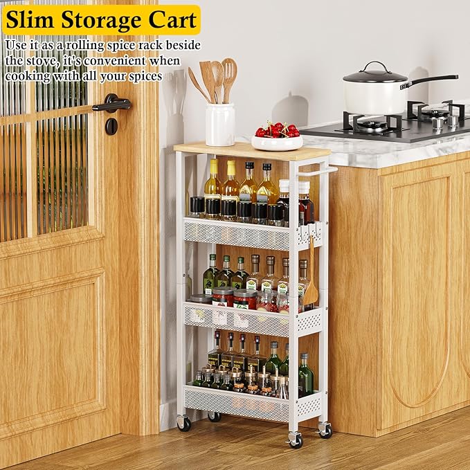 Utility Slim Storage Cart, 4 Tier Small Rolling Kitchen Laundry Room Cart with Wood Top, Metal Narrow Bathroom Storage Cabinet Mobile Shelf Unit Organizer Trolley with Handle for Narrow Space
