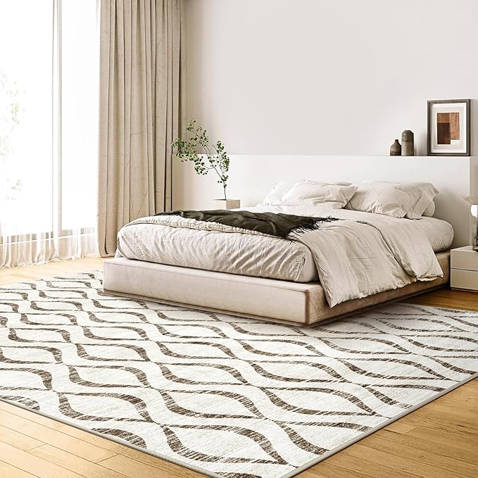 WITSHOCK 8x10 Area Rugs for Bedroom: Washable Non-Slip Soft Geometric Boho Low Pile Large Thin Indoor Rug for Living Room Dining Room, Carpet for Nursery Playroom Decor, Kid & Pet Friendly, Brown