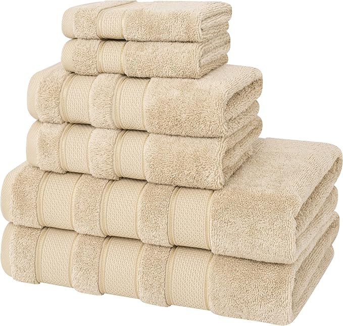 American Soft Linen Salem Turkish Bath Towel Set, 100% Cotton 600 GSM 6 Piece Towels for Bathroom, 2 Bath Towels 2 Hand Towels 2 Washcloths, Beige