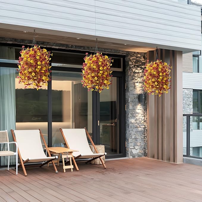 Artificial Faux Fall Hanging Flowers Plants Basket for Outdoor Decoration,Fake Silk Orange Mums planters UV Resistant Look Real for Home Porch Patio Yard Outside Autumn Decor (Brown)