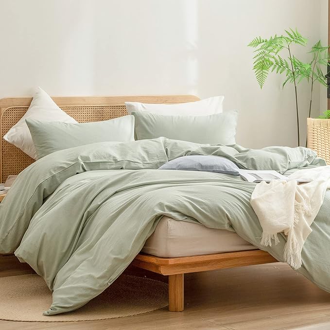 BESTOUCH Duvet Cover Set 100% Washed Cotton Linen Feel Super Soft Comfortable Chic Lightweight 3 PCs Home Bedding Set Sage Green King