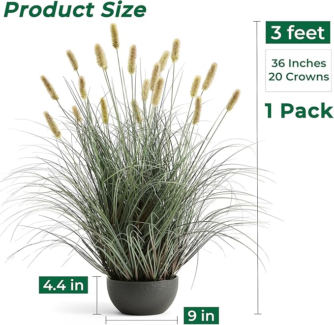 3ft Onion Grass, Artificial Plant and Greenery, Fake Floor Plants Indoor Outdoor, Potted Faux Green Bristlegrass with Yellow Spikes, Horsetail Reed Grass, House Decorative