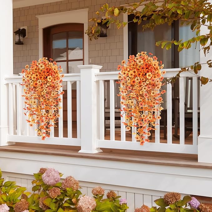 2PCS Fall Artificial Hanging Flowers Plants for Outdoors, 2Pcs Faux Silk Flowers with Eucalyptus Leaves, Fake Fall Flowers for Autumn Home Patio Porch Outside Decor (Orange Yellow)