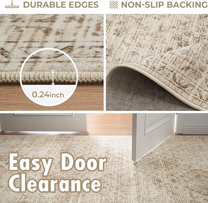 MIULEE 5x7 Vintage Living Room Rug Washable Area Rugs Low Pile Floor Mat for Bedroom Dining Room Non-Slip Stain Resistant Soft Indoor Carpet for Home Decor, Neutral Beige