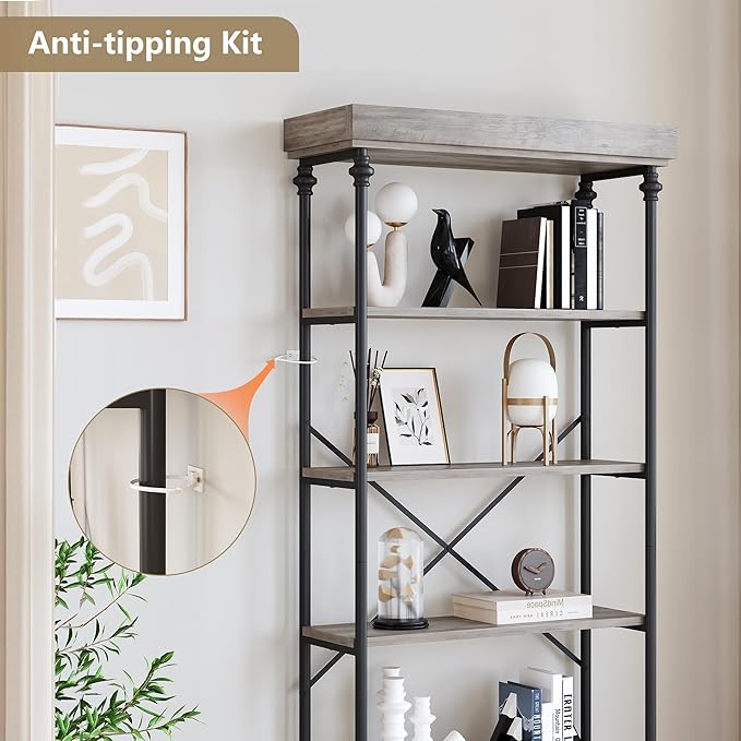 IDEALHOUSE Industrial Bookshelf Wood Bookcase 6 Tier Storage Open Rack Shelf with Metal Frame Rustic Tall Standing Bookshelves Large Grey Display Rack for Bedroom,Living Room and Home Office