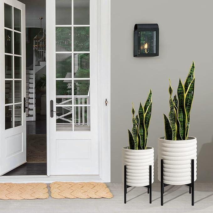 Oakrain Plants Pots with Stand, Set of 2 Indoor Planter Pots, Mid-Century Decorative Metal Flower Pots with Drainage for Living Room, Office, Garden, Balcony, 8"&10", White