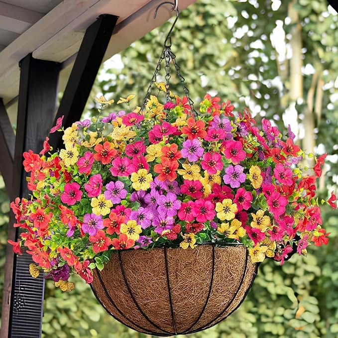 Orgrimmar Artificial Hanging Flowers Basket Outdoor Fake Hanging Plants UV Resistant Realistic Silk Flowers Eucalyptus in Coconut Lining Baskets for Home Porch Balcony Patio Yard Muti-Color