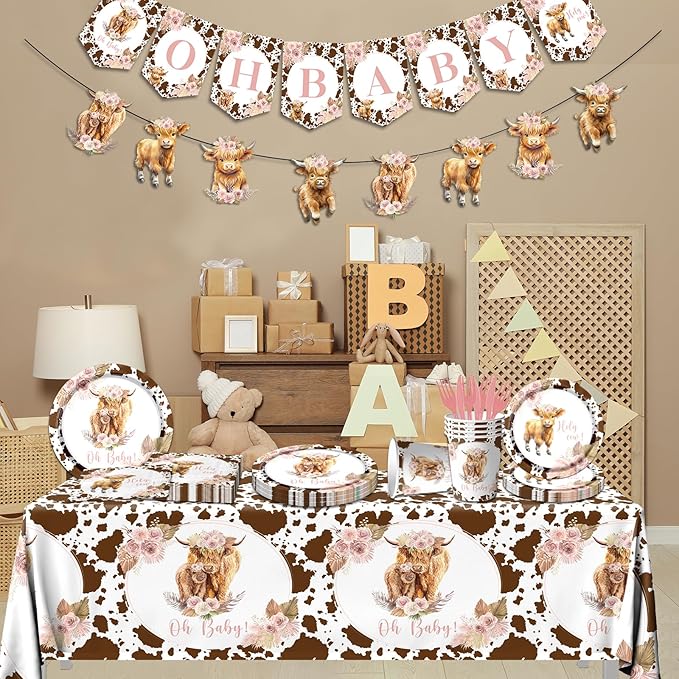 142Pcs Highland Cow Birthday Plates and Napkins,Highland Cow Baby Shower Decorations Western Theme Table Decorations for Baby Shower Party（20 Guests）
