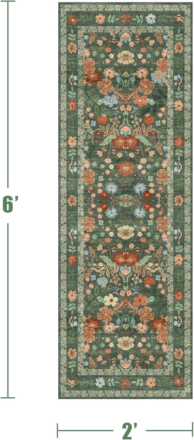 Deerly Green Floral Runner Rug 2x6 for Hallway Vintage Boho Washable Bathroom Kitchen Bedroom Runner Rugs Non-Slip Soft Low Pile Thin Indoor Carpet for Laundry Room Farmhouse Flower, Green/Multi